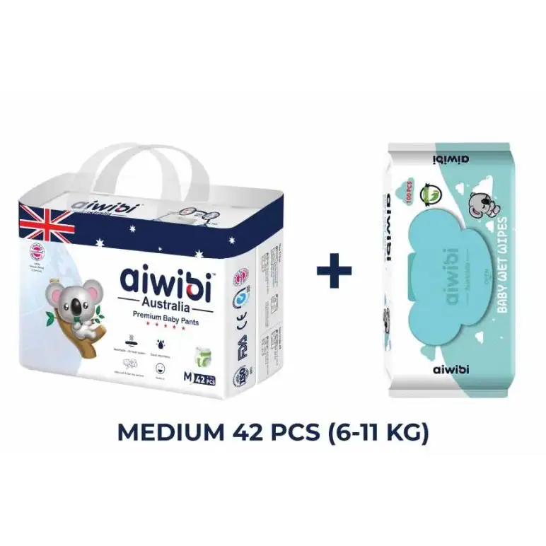Aiwibi Australian Disposable Breathable Baby Diapers With Elastic Waistband M42+ 1 wipes